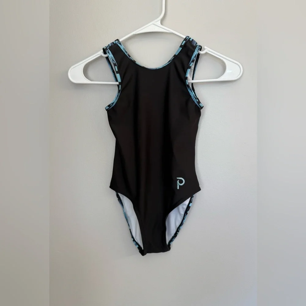 Plum Practicewear Leotard Geometric Black And Blue Size Child M Gymnastics - Picture 1 of 9